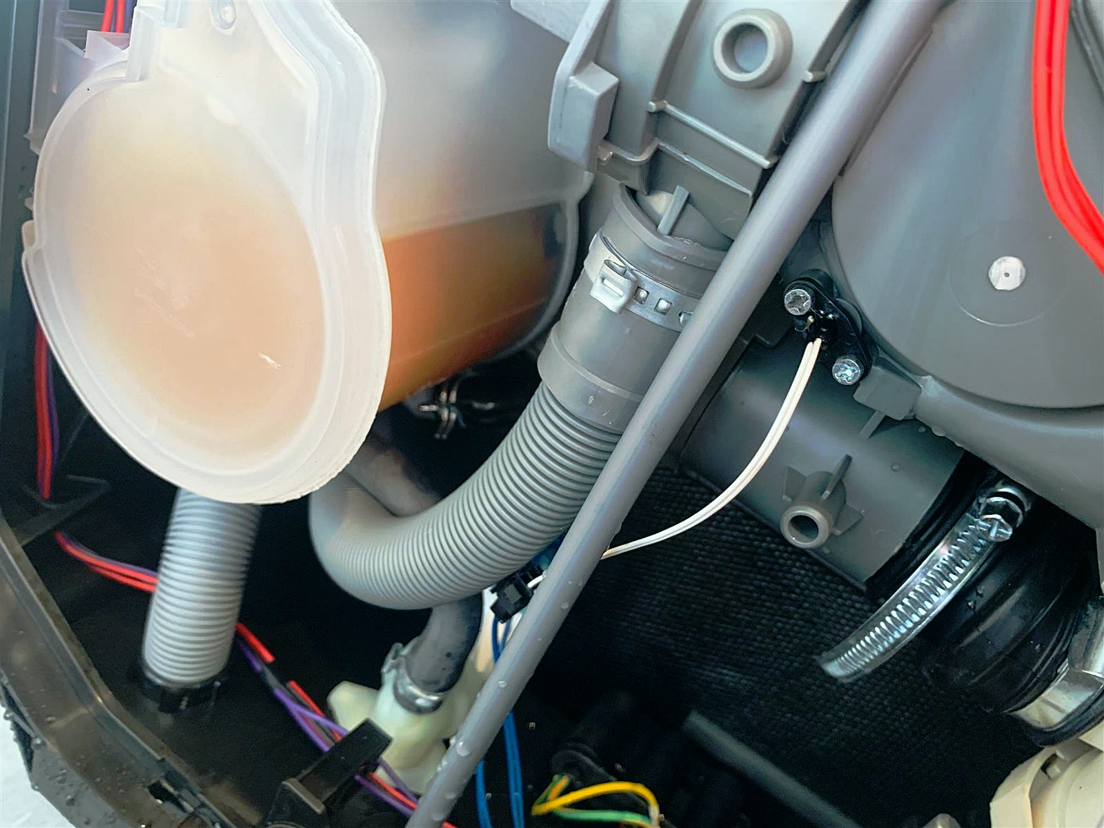 Dishwasher opened up, pump, hoses and water tank